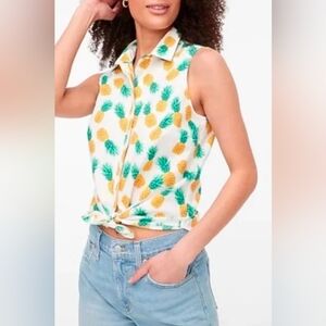 J. Crew Tropical Pineapple Print Sleeveless Shirt White Yellow